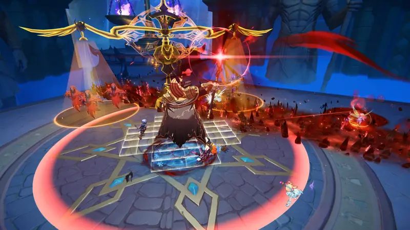 Indoor boss battle with marked attack areas on the floor in Ragnarok: The New World