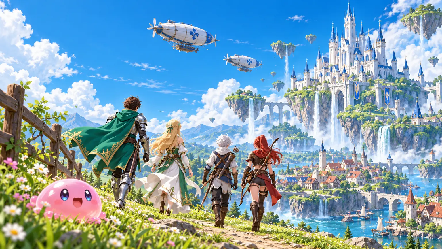 Adventurers and a pink Poring looking toward a white castle under a bright sky
