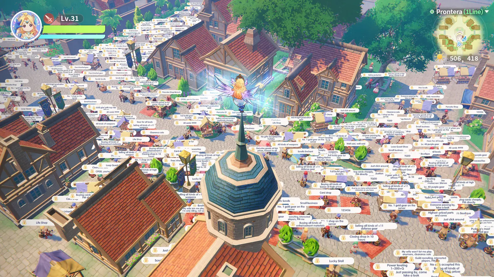 Prontera marketplace crowded with player stalls in Ragnarok: The New World