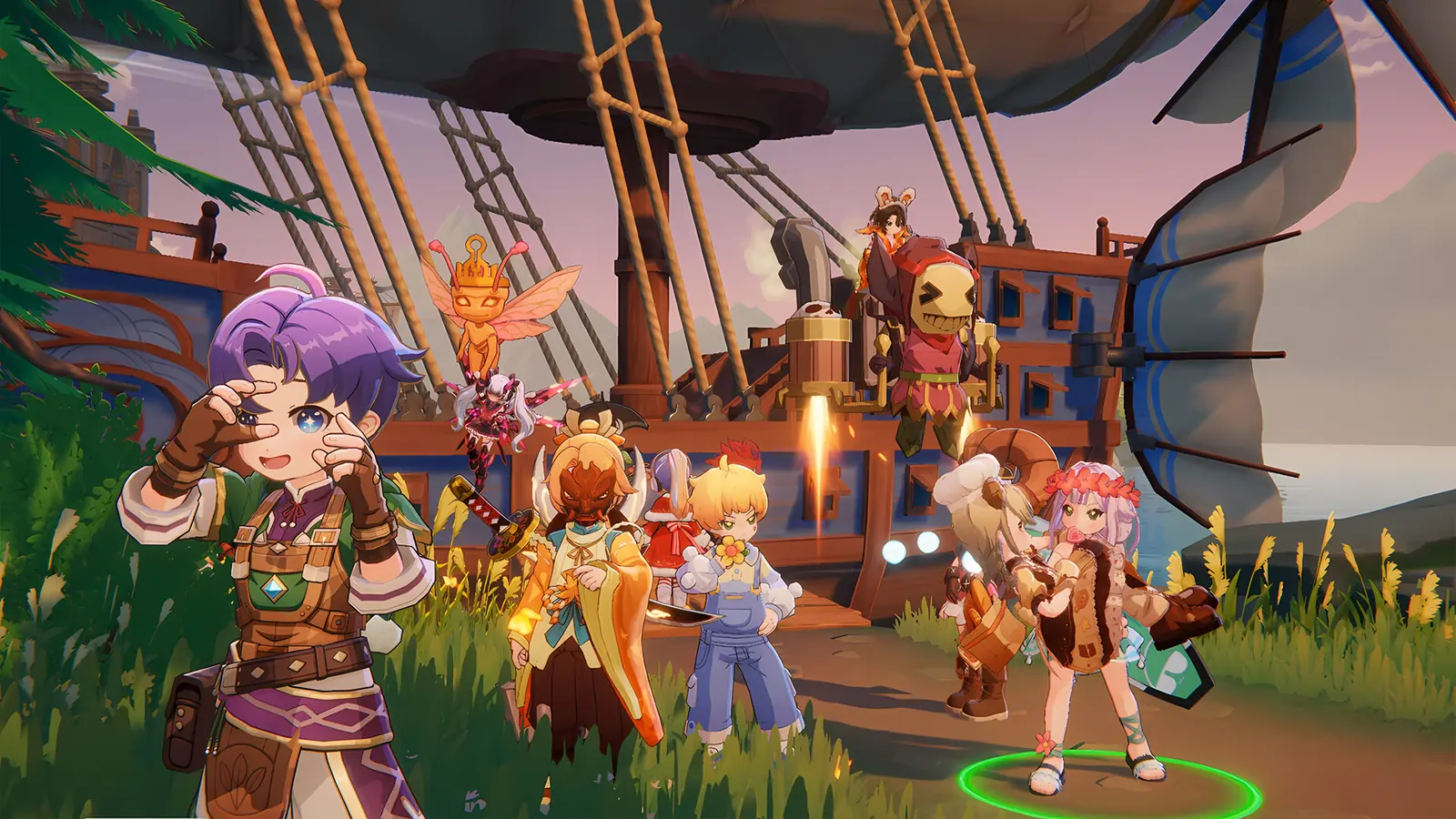Characters posing beside a ship in Ragnarok: The New World