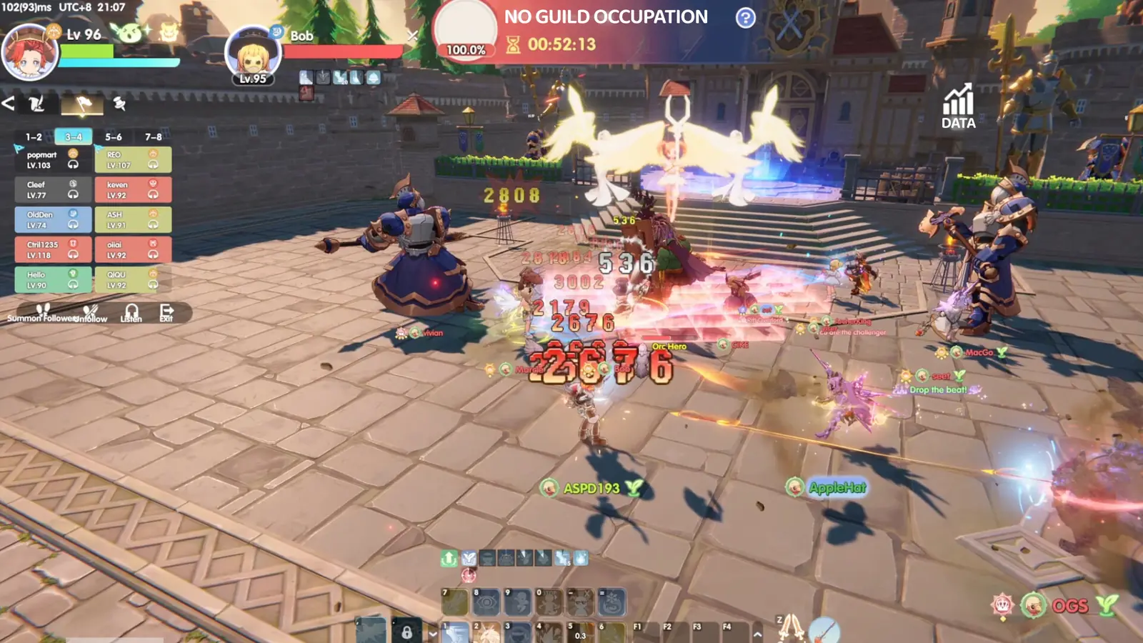 Combat in a stone courtyard with the guild occupation status displayed in Ragnarok: The New World